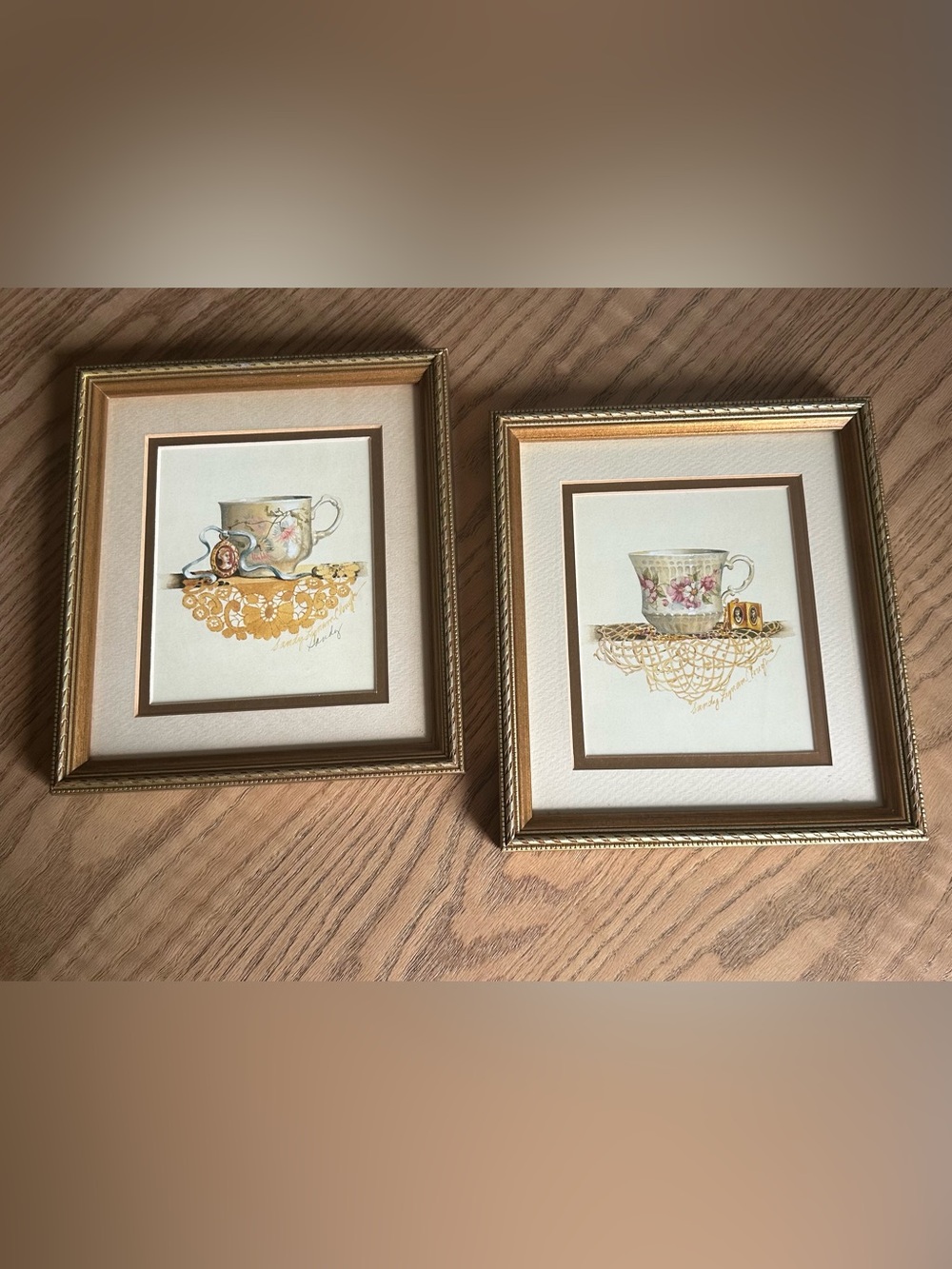 Framed & Matted Teacup Art Work - Gold Trim by Sandy Lynam Clough 7.5x9 inches